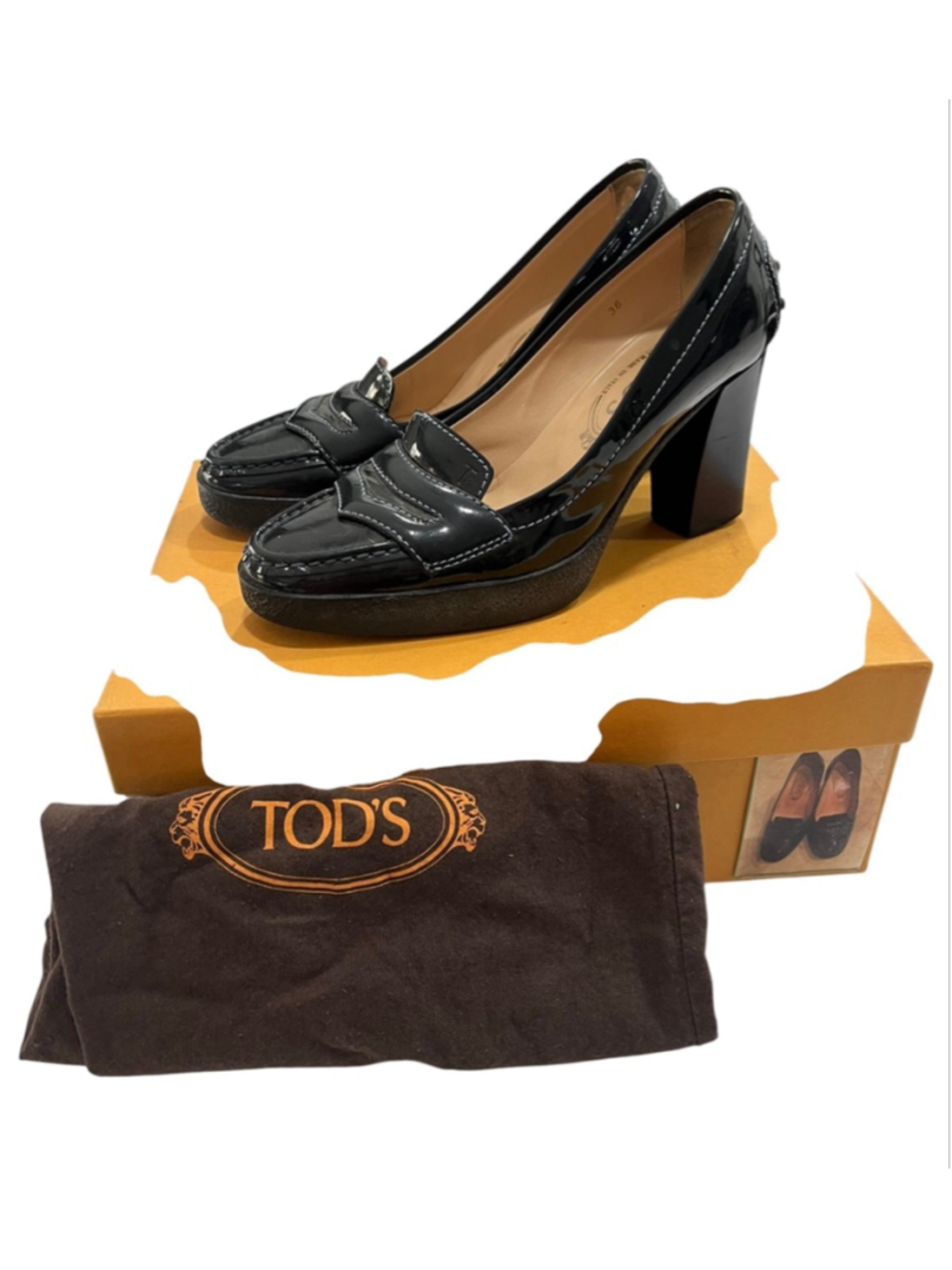 VTG TOD's 90s Jodie Black Patent Leather Heeled Loafers Pumps 36 W/Box 5.5 US - Picture 9 of 9